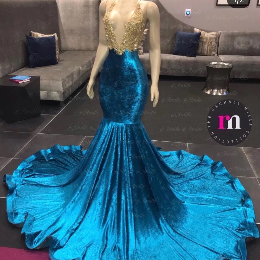 Stunning Teal and Gold Backless Gown